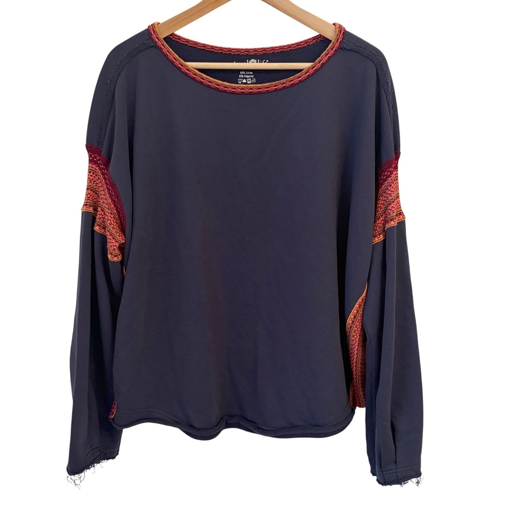 Natural Life Knit Trim Sweatshirt L/XL Boho Raw Edge Oversized Casual Navy Red - Picture 3 of 11